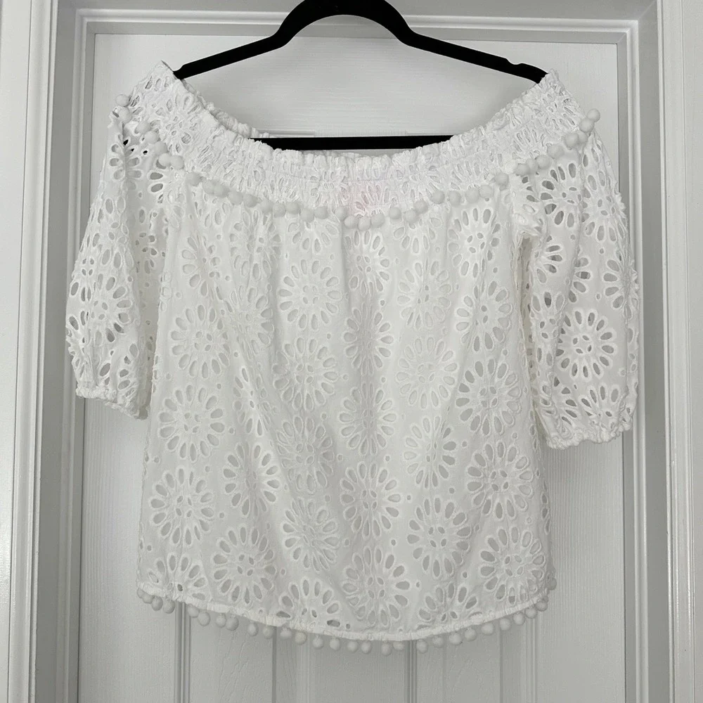 Lilly Pulitzer Raylee‎ Top White Eyelet Boho Off Shoulder Beachy Size XS